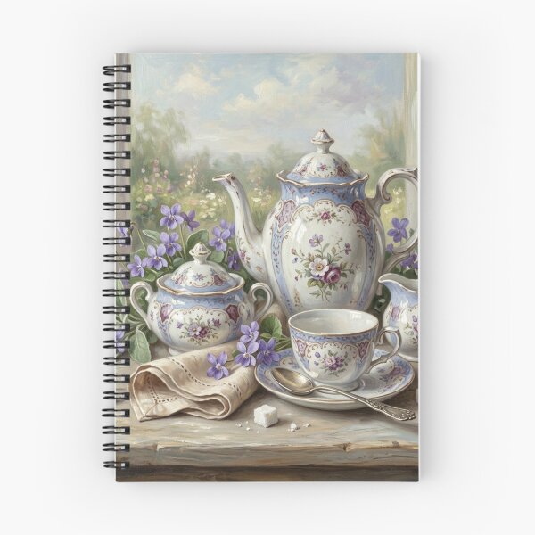 Item preview, Vintage Tea Set with Violets Still Life Oil Painting designed and sold by Denim Art Studio.
