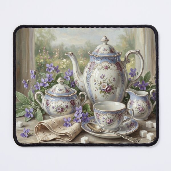 Item preview, Vintage Tea Set with Violets Still Life Oil Painting designed and sold by Denim Art Studio.