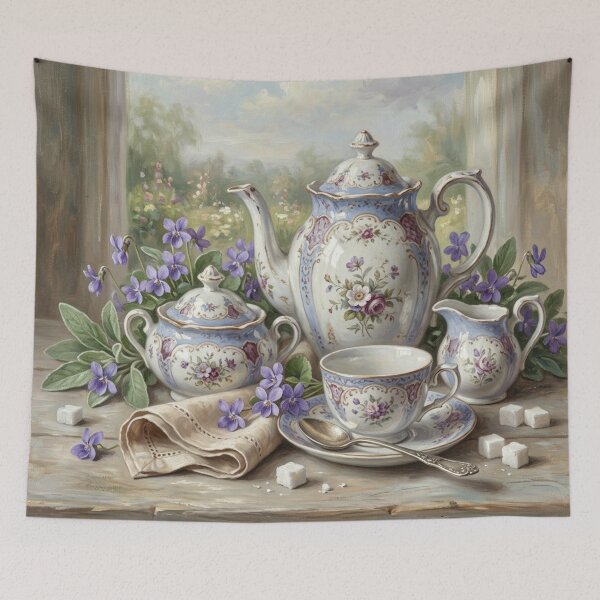 Item preview, Vintage Tea Set with Violets Still Life Oil Painting designed and sold by Denim Art Studio.