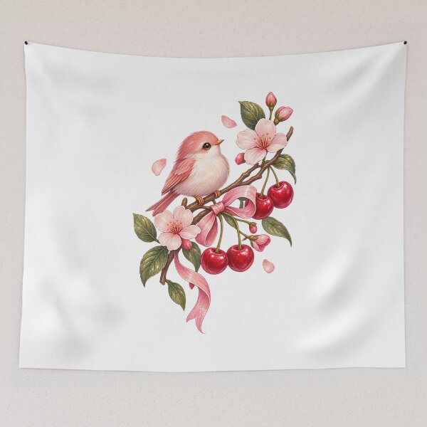 Item preview, Tiny Bird & Cherries – Cute Cottagecore Nature Art designed and sold by GraphiteRealm.