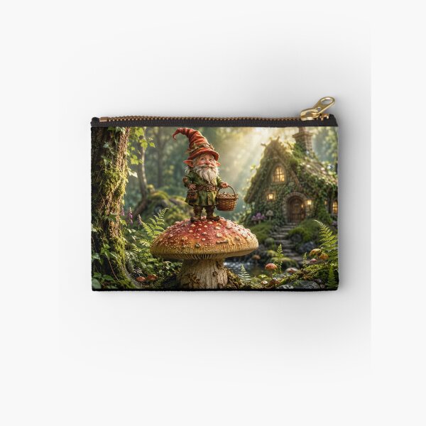 Item preview, gnome on a mushroom with a basket and a house in the forest designed and sold by ArcaneVisionArt.