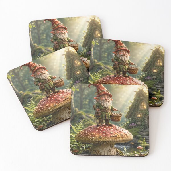 Item preview, gnome on a mushroom with a basket and a house in the forest designed and sold by ArcaneVisionArt.