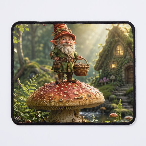 Item preview, gnome on a mushroom with a basket and a house in the forest designed and sold by ArcaneVisionArt.