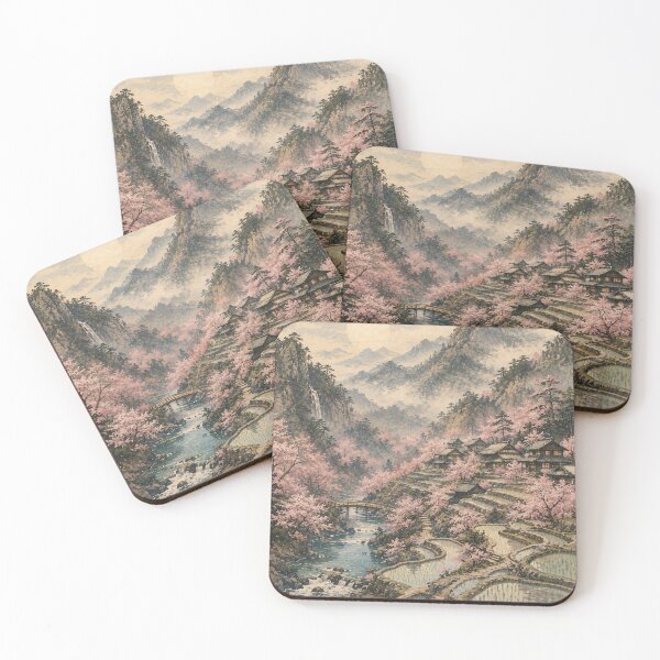 Item preview, Japanese Landscape Painting Cherry Blossom Rice Terraces designed and sold by Jozefin's Studio.