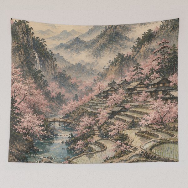 Item preview, Japanese Landscape Painting Cherry Blossom Rice Terraces designed and sold by Jozefin's Studio.