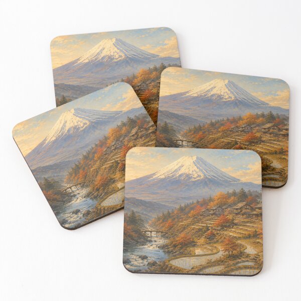 Item preview, Mount Fuji Autumn Village Oil Painting Warm Dusk designed and sold by Jozefin's Studio.
