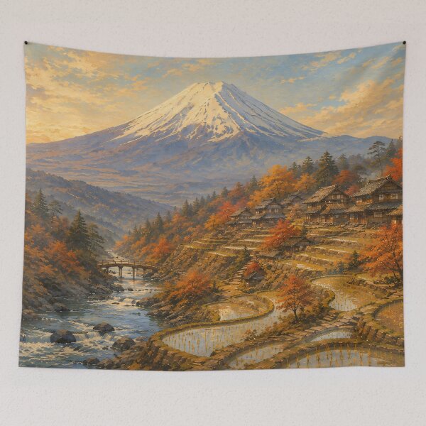 Item preview, Mount Fuji Autumn Village Oil Painting Warm Dusk designed and sold by Jozefin's Studio.