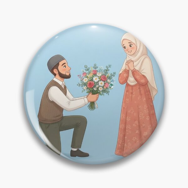 Item preview, Modest Muslim Couple Proposal Illustration - Man Kneeling with Flowers designed and sold by hakikatm.