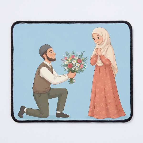 Item preview, Modest Muslim Couple Proposal Illustration - Man Kneeling with Flowers designed and sold by hakikatm.