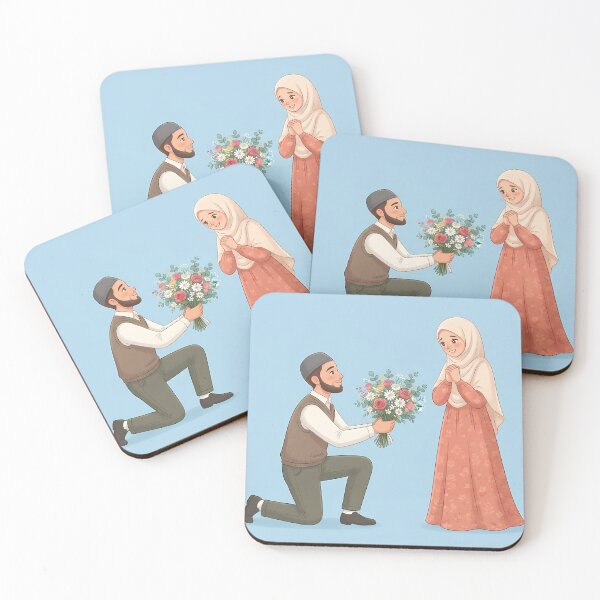 Item preview, Modest Muslim Couple Proposal Illustration - Man Kneeling with Flowers designed and sold by hakikatm.