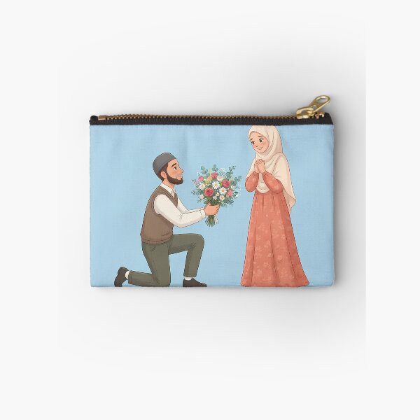Item preview, Modest Muslim Couple Proposal Illustration - Man Kneeling with Flowers designed and sold by hakikatm.