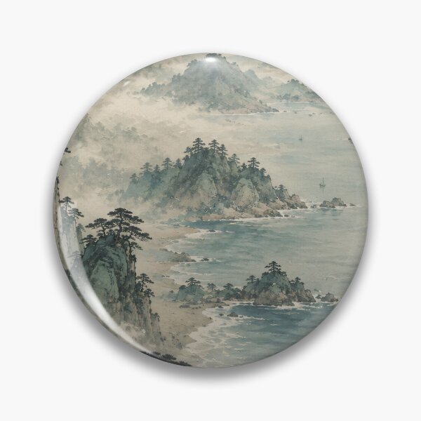 Item preview, Japanese Coastal Landscape Watercolor Misty Mountain Painting designed and sold by Jozefin's Studio.