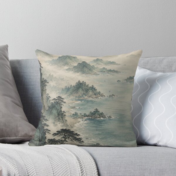 Item preview, Japanese Coastal Landscape Watercolor Misty Mountain Painting designed and sold by Jozefin's Studio.