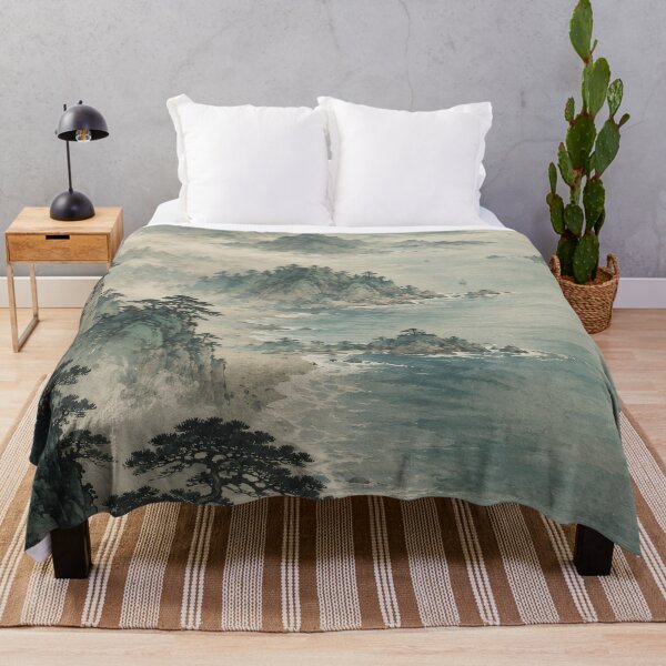 Item preview, Japanese Coastal Landscape Watercolor Misty Mountain Painting designed and sold by Jozefin's Studio.