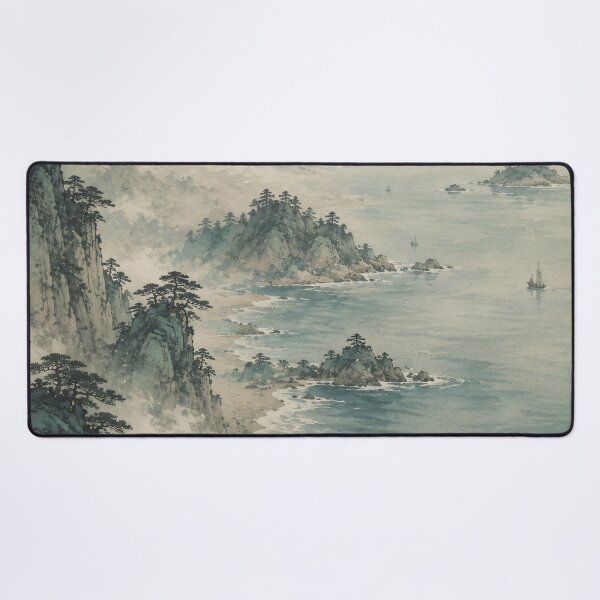 Item preview, Japanese Coastal Landscape Watercolor Misty Mountain Painting designed and sold by Jozefin's Studio.
