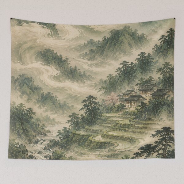 Item preview, Chinese Landscape Watercolor Misty Mountain Rice Terraces designed and sold by Jozefin's Studio.