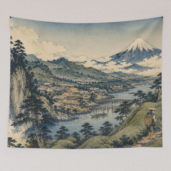 Item preview, Japanese Landscape Mount Fuji Waterfall: Blue Vintage Asian Art designed and sold by Jozefin's Studio.