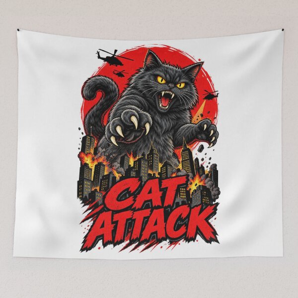 Item preview, Funny Black Cat Attack Catzilla Godzilla Movie Parody Design designed and sold by WolfmanProphecy.
