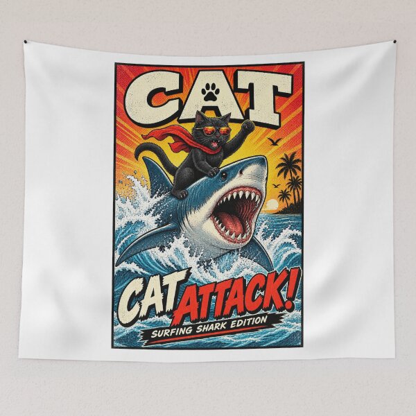 Item preview, Cute Funny Cat Attack Surfing Shark Movie Parody Design designed and sold by WolfmanProphecy.