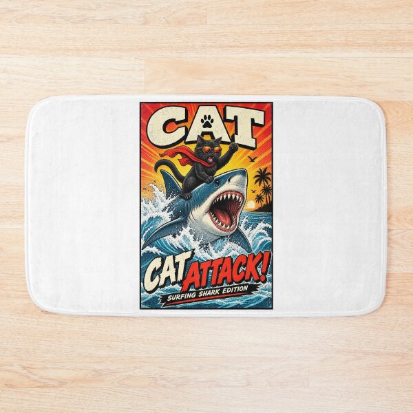 Item preview, Cute Funny Cat Attack Surfing Shark Movie Parody Design designed and sold by WolfmanProphecy.