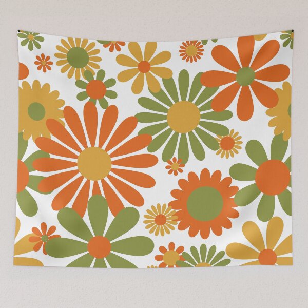 Item preview, Sunshine Day Daisies in Avocado Green Gold + Orange designed and sold by YesterdayColl.