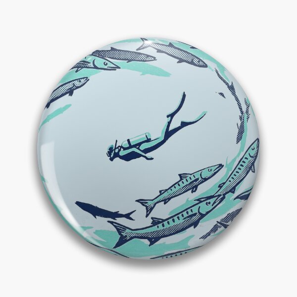 Item preview, Scuba Diver Swimming with Barracuda School Woodcut Linocut Art designed and sold by KiwiRider.