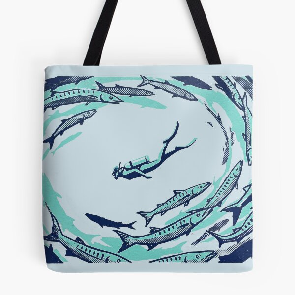 Item preview, Scuba Diver Swimming with Barracuda School Woodcut Linocut Art designed and sold by KiwiRider.