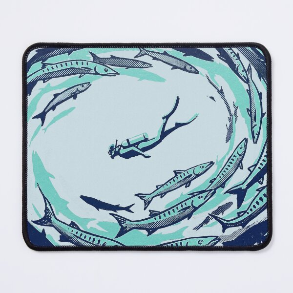 Item preview, Scuba Diver Swimming with Barracuda School Woodcut Linocut Art designed and sold by KiwiRider.