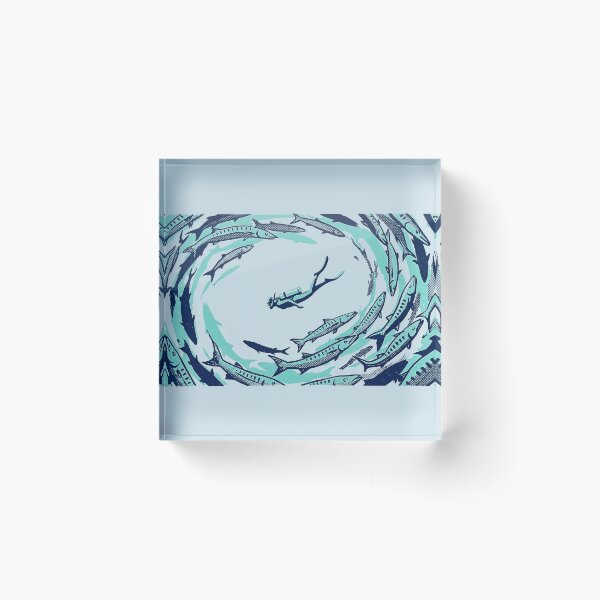 Item preview, Scuba Diver Swimming with Barracuda School Woodcut Linocut Art designed and sold by KiwiRider.
