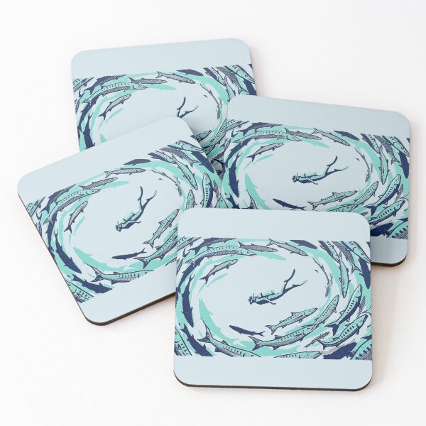 Item preview, Scuba Diver Swimming with Barracuda School Woodcut Linocut Art designed and sold by KiwiRider.
