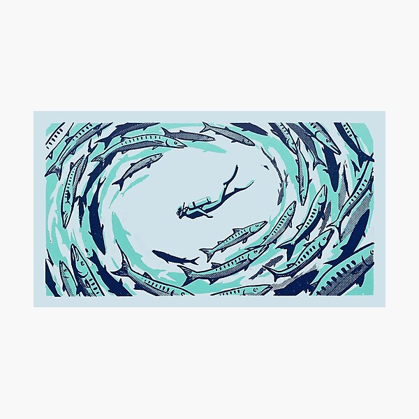 Item preview, Scuba Diver Swimming with Barracuda School Woodcut Linocut Art designed and sold by KiwiRider.