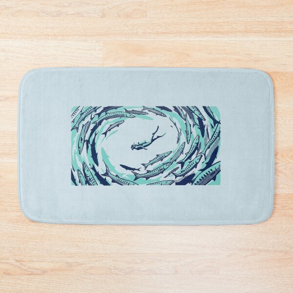 Item preview, Scuba Diver Swimming with Barracuda School Woodcut Linocut Art designed and sold by KiwiRider.