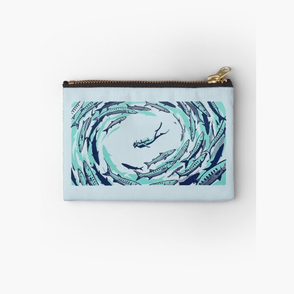 Item preview, Scuba Diver Swimming with Barracuda School Woodcut Linocut Art designed and sold by KiwiRider.