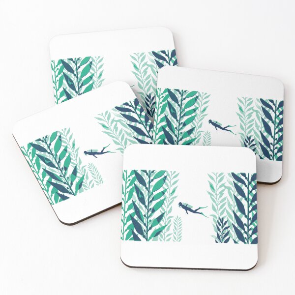 Item preview, Scuba Diver Kelp Forest Seaweed Ocean Woodcut Linocut Art designed and sold by KiwiRider.