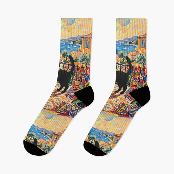 Item preview, Mediterranean Balcony & Black Cat Matisse Style Painting designed and sold by DuckOddity.
