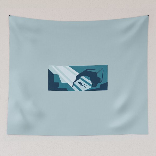 Item preview, Scuba Diver Underwater Cave Sunrays Ocean Woodcut Linocut Art designed and sold by KiwiRider.