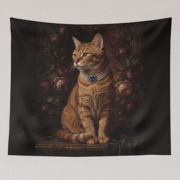 Item preview, Noble Ginger Cat with Sapphire Pearl Choker designed and sold by Real Beast Art.