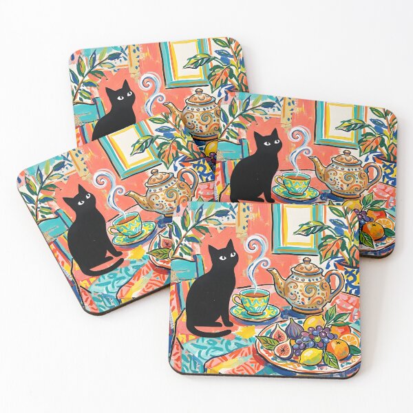 Item preview, Cozy Teatime Black Cat Silhouette Matisse Style Art Print designed and sold by DuckOddity.