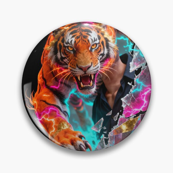 Item preview, Neon Cyber Tiger Bursting Through Dimensional Chaos Inferno designed and sold by gutfeelgraphic.