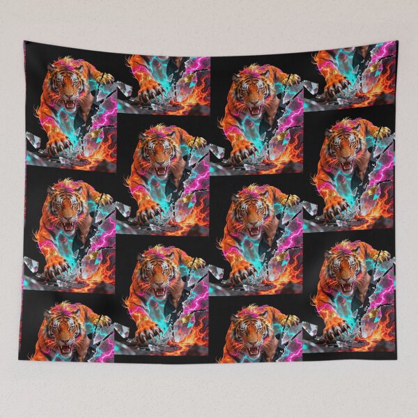 Item preview, Neon Cyber Tiger Bursting Through Dimensional Chaos Inferno designed and sold by gutfeelgraphic.