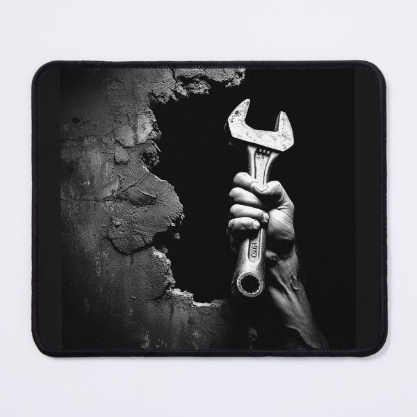 Item preview, Hand Holding Wrench Through Wall Black and White Mechanic Art Design designed and sold by inkoutninja.