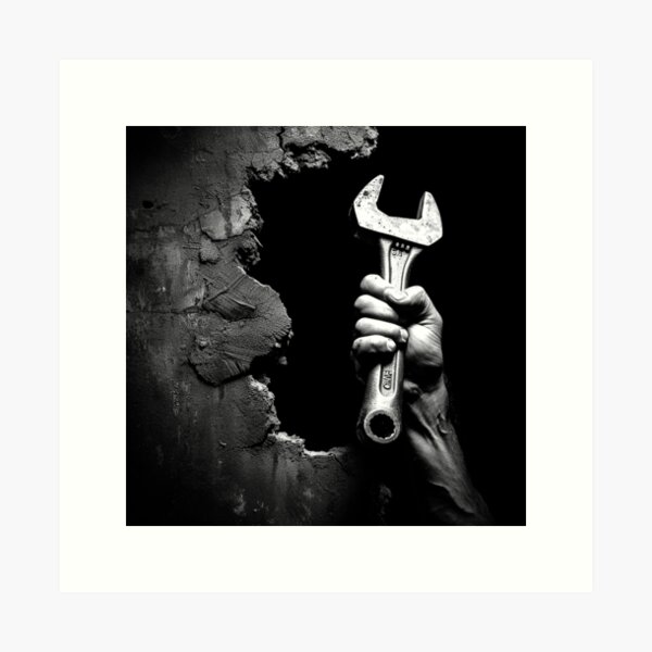Item preview, Hand Holding Wrench Through Wall Black and White Mechanic Art Design designed and sold by inkoutninja.