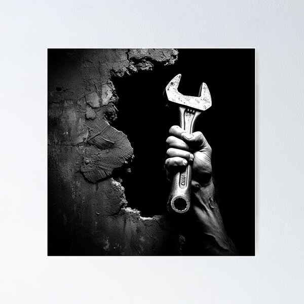 Item preview, Hand Holding Wrench Through Wall Black and White Mechanic Art Design designed and sold by inkoutninja.