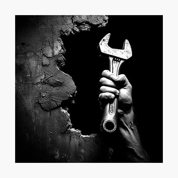 Item preview, Hand Holding Wrench Through Wall Black and White Mechanic Art Design designed and sold by inkoutninja.