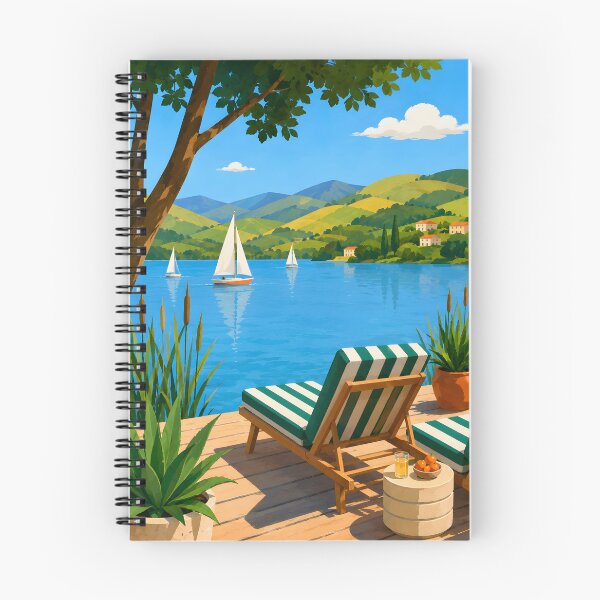 Item preview, Mediterranean Lakeside Terrace with Sailboats and Rolling Hills designed and sold by GutyzDesignsES.