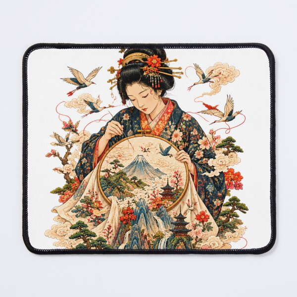 Item preview, Japanese Woman Embroidering a Landscape – Geisha, Sakura & Ukiyo-e Art designed and sold by Substance_life.