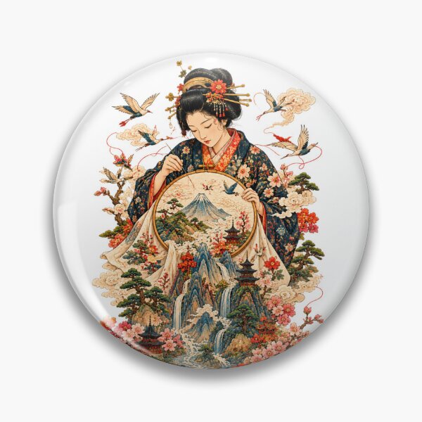 Item preview, Japanese Woman Embroidering a Landscape – Geisha, Sakura & Ukiyo-e Art designed and sold by Substance_life.