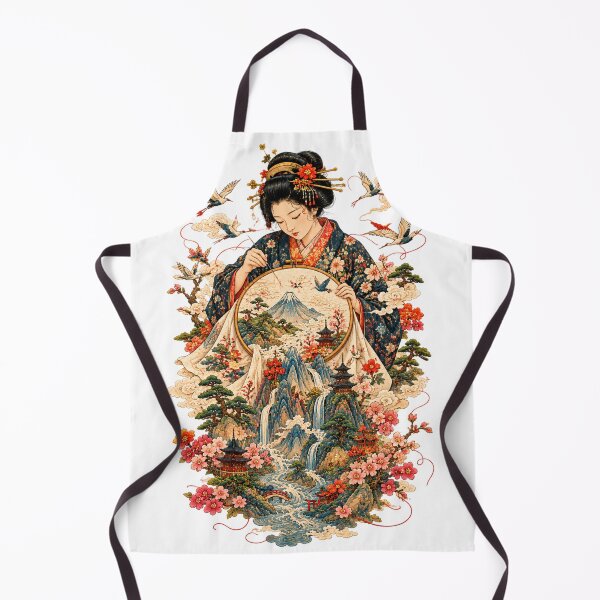 Item preview, Japanese Woman Embroidering a Landscape – Geisha, Sakura & Ukiyo-e Art designed and sold by Substance_life.