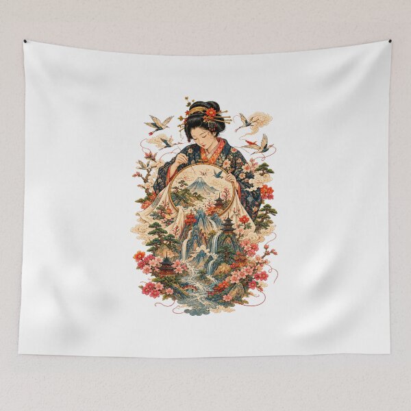 Item preview, Japanese Woman Embroidering a Landscape – Geisha, Sakura & Ukiyo-e Art designed and sold by Substance_life.