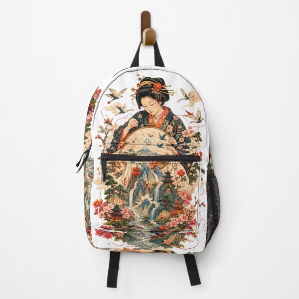 Item preview, Japanese Woman Embroidering a Landscape – Geisha, Sakura & Ukiyo-e Art designed and sold by Substance_life.